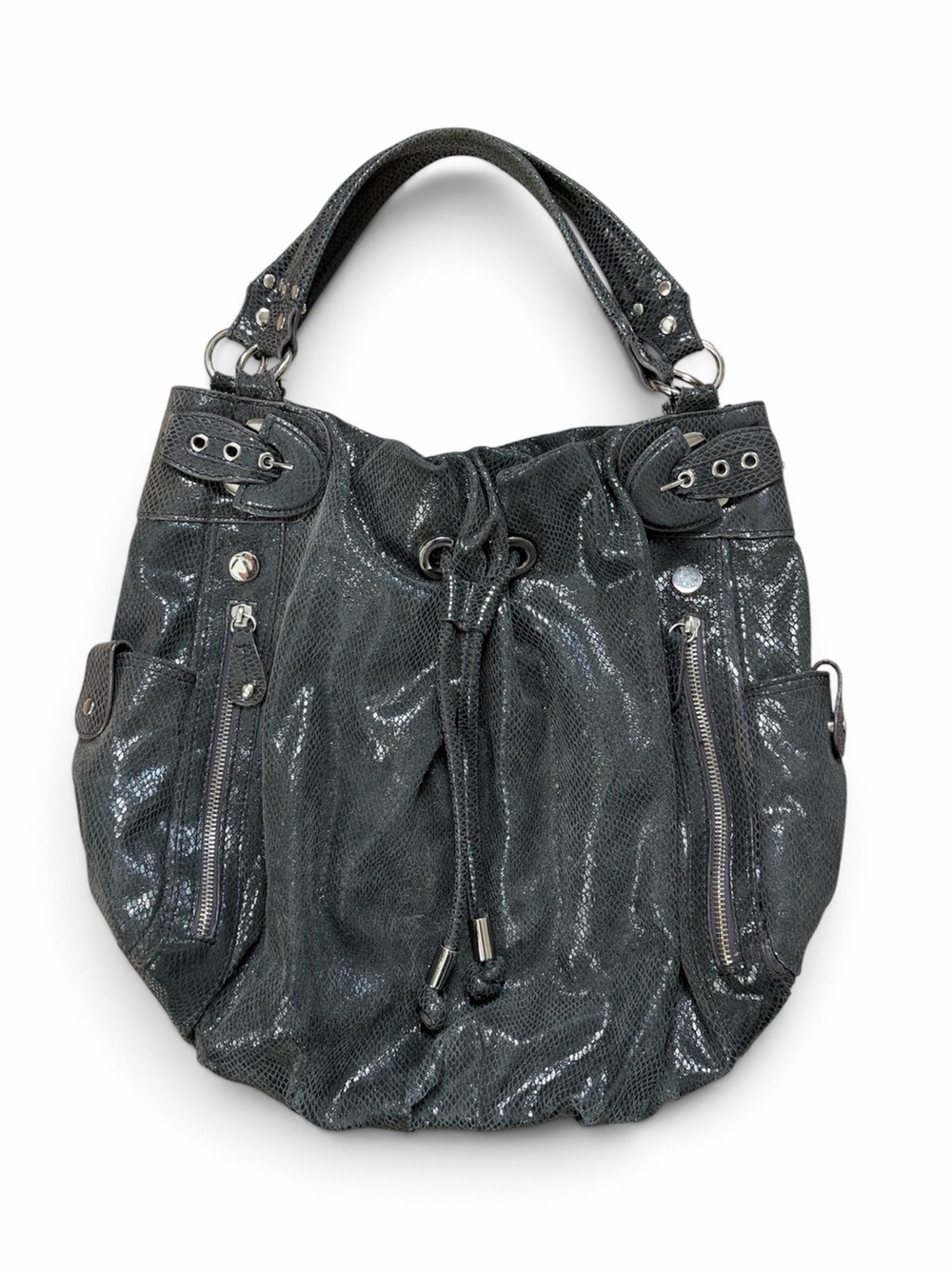 Hype Black Genuine Leather Snakeskin Embossed Hobo Shoulder Bag